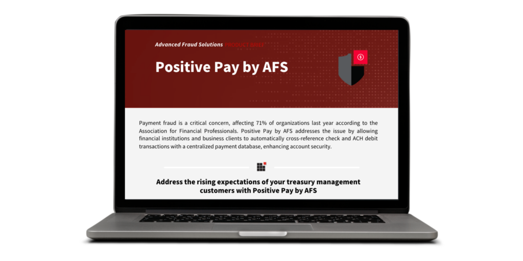 Photo of the Positive Pay by AFS product brief in a laptop