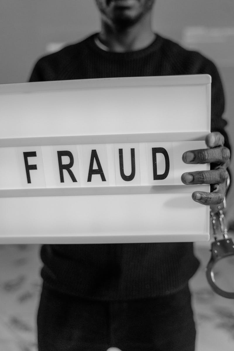 Grayscale Photo of a Person Holding a Letter Board with Fraud Text