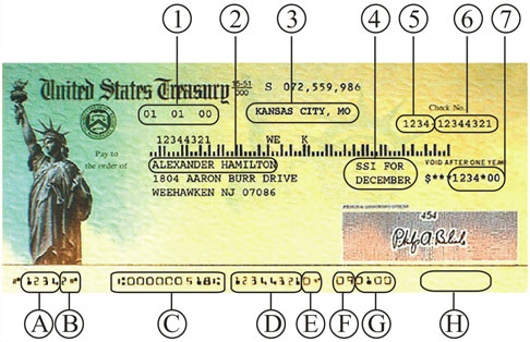 photo of a united states treasury check with numbers pointing to the key identifying features